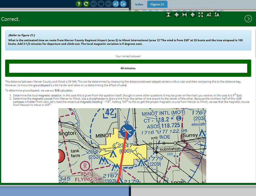 GroundSchool explanation working through a flight-planning question with an annotated sectional chart.
