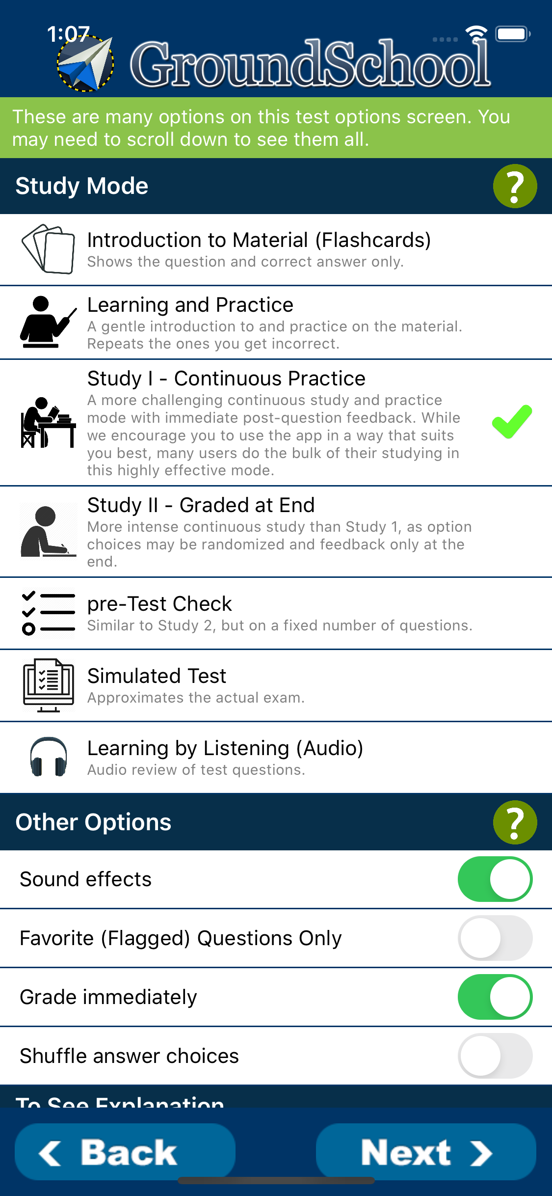GroundSchool phone app offering learning and practice, continuous practice, and simulated test modes.